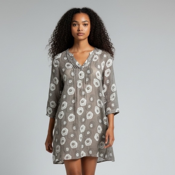 Simon Chang Dresses & Skirts - 𝅺Simon Chang tunic dress v-neck 3/4 sleeves appliqué embroidery khaki size 14